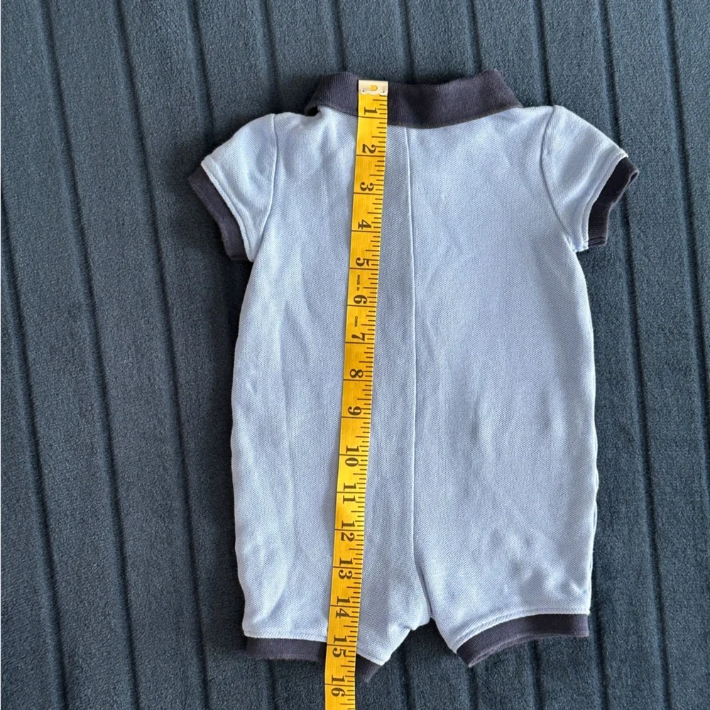 Janie and Jack Light Blue Polo romper with Dinosaur Embroidery 3 to 6 month
